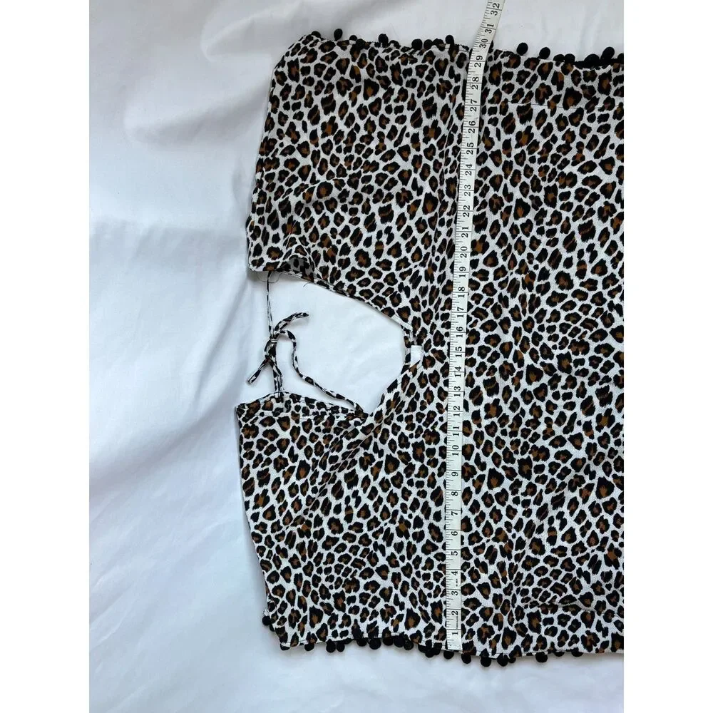 Xhilaration Leopard Cheetah Pom Pom Trim Kaftan Swim Cover Batwing Sleeve Size M